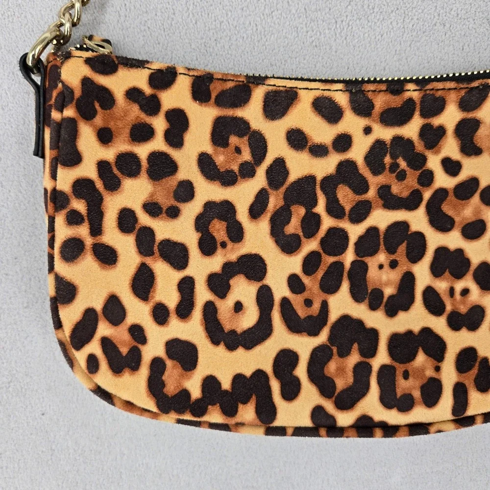 Leopard Print Faux Suede Feel Shoulder Bag Gold Chain Zip Y2K Style